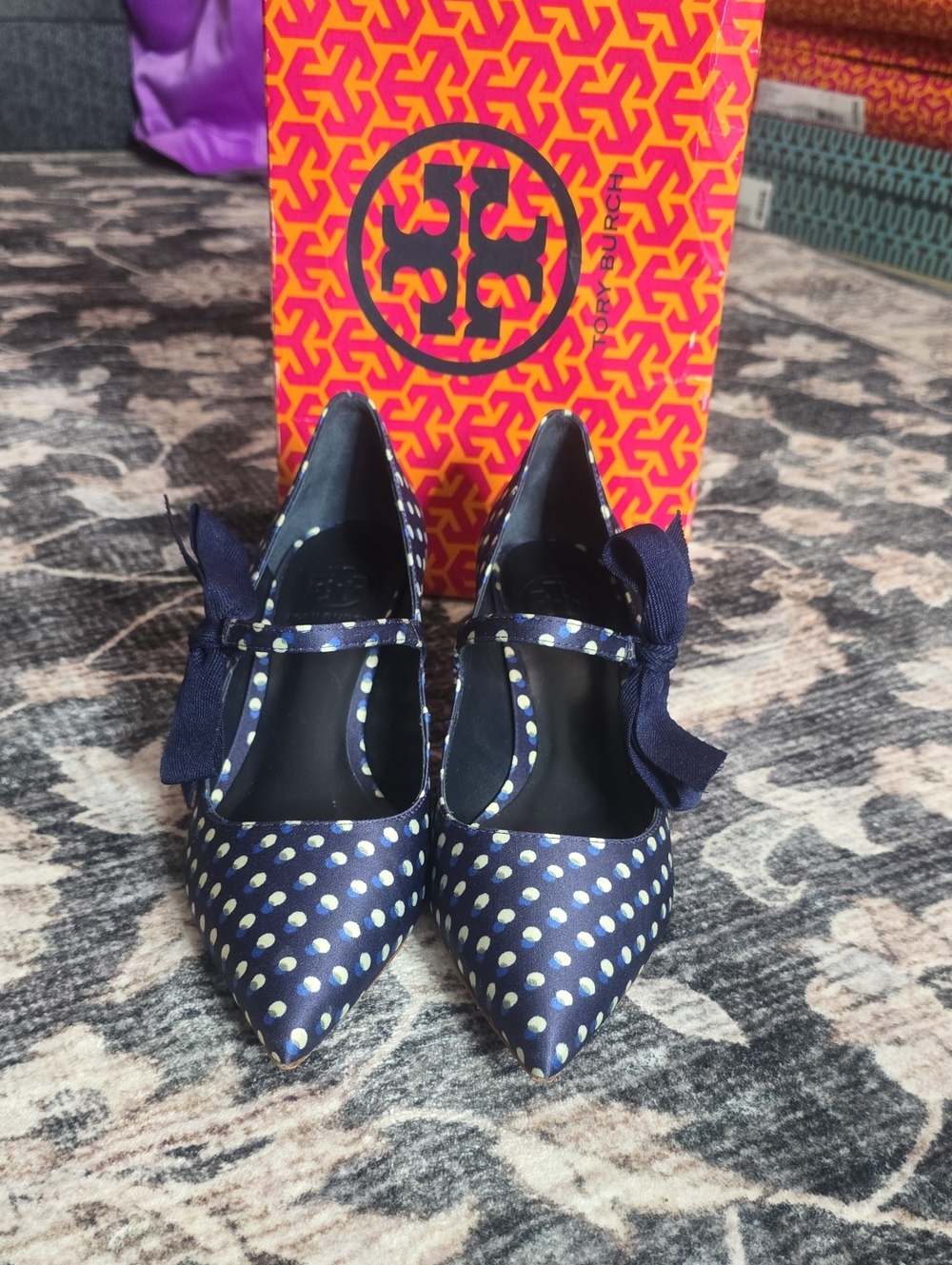 Tory Burch Navy Polka Dot Pointed Mary Jane Pumps with Bow